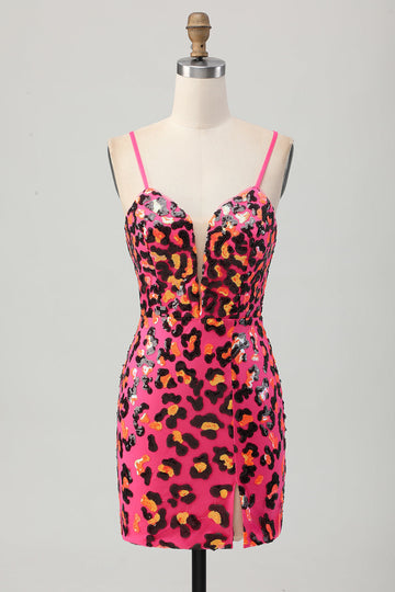 Fucsia Bodycon Tirantes de Espagueti Lentejuelas Vestido de Regreso a Casa con Abertura